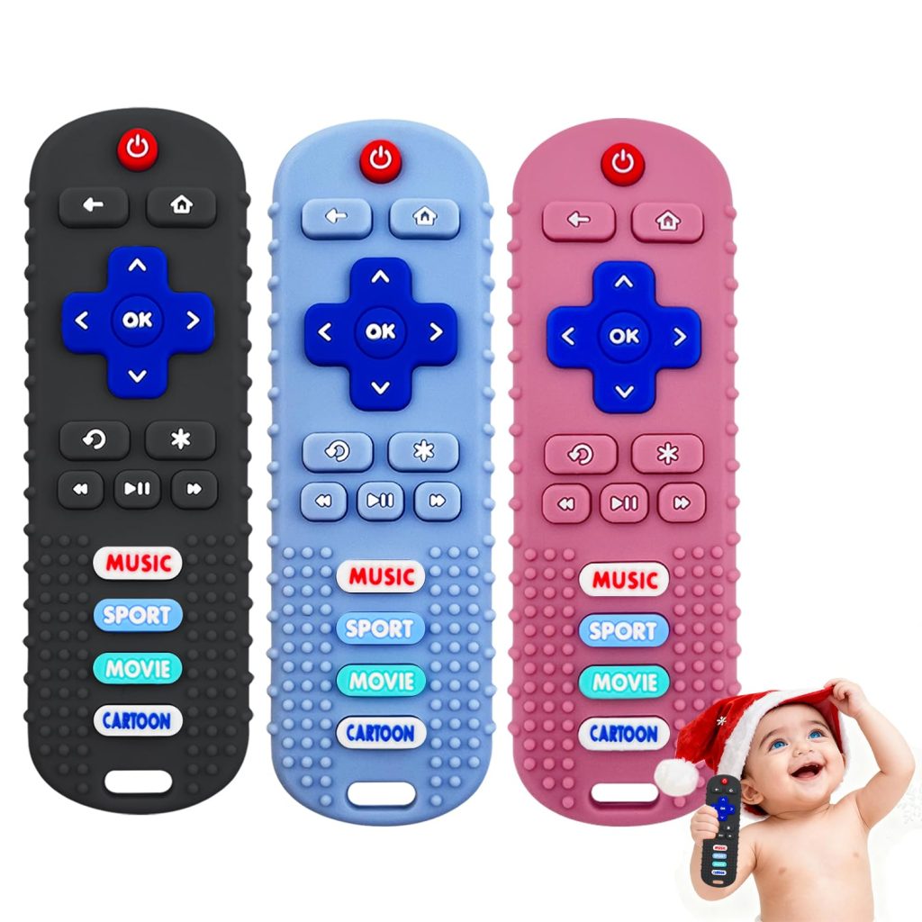 MACLUD 3 Pack Remote Control Shape Silicone Teethers for Babies Chew Toys, Teething Toys for