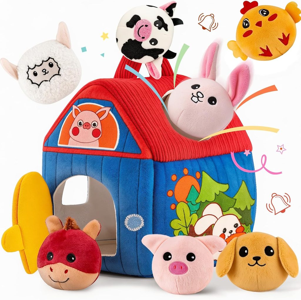 SAIMAND Montessori Farm Toy for Babies, Plush Barn with 7 Soft Animal Toys | Crinkle, Squeaky, Rattle, Mirror, Portable Barn