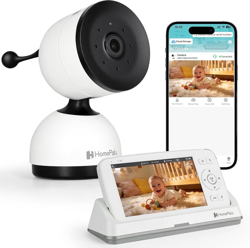 Smart WiFi Baby Monitor with 5-Inch Screen: 355° Pan-Tilt-Zoom Camera, HD Night Vision, Two